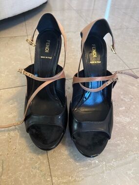 Fendi Black Leather Peep-Toe Heels with Tan Ankle Straps